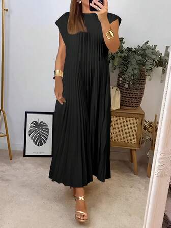 Solid Pleated Hem Longline Dress For Summer