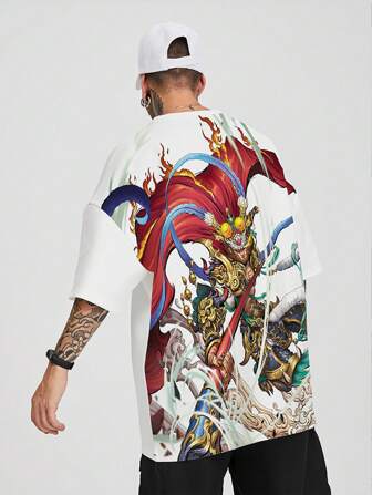 Plus Size Men Summer Loose Fit Digital Anime Character Print Drop Shoulder Casual T-Shirt