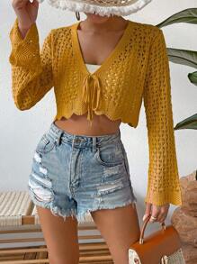 Breezaya Tie Front Crop Long Sleeve Cardigan - Mustard Yellow - View 3