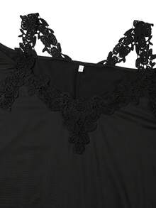 Plus Size Women's Asymmetrical Lace Trim Solid Color Fashion Short Sleeve T-Shirt, Spring/Summer/Fall - Black - View 3