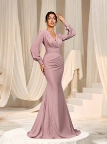 Faeriesty Elegant och elegant klänning med V-ringning och lanternärm för kvinnor - Sofistikerad och tidlös design för vår-/sommarbröllop, galor, brudtärneklänningar på röda mattan och sommarsemesterkläder - Rosa - Visa 7