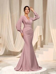 Faeriesty Elegant Cross-Over V-Neck Lantern Sleeve Mermaid Hem Dress - Sophisticated Timeless Design For Spring/Summer Weddings, Galas, Red Carpet Bridesmaid Dress