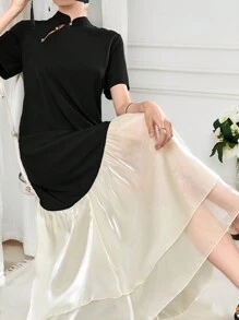 Modelyn 女士對比色簡約阿拉伯風日常連衣裙 - 黑色 - 查看 4