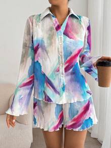 SHEIN Essnce Blouse et shorts avec impression intégrale et garniture en laitue. Style décontracté "Old Money" pour femmes. Hauts pour sortir, tenues d'automne, tenues de sortie - Multicolore - Voir 5