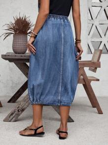 EMERY ROSE Elastic Waist Slant Pocket Denim Skirt - Blue - View 2