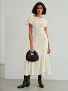 MOTF STUDIO SOLID FLUTTER SLEEVE LACE INSERT RUFFLE HEM DRESS - Apricot - View 6