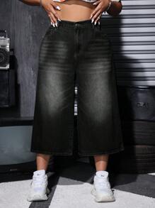 SHEIN ICON 高腰寬腿七分牛仔褲 - 黑色 - 查看 1