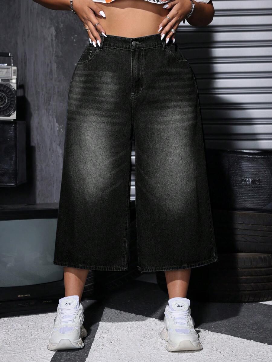 SHEIN ICON 高腰寬腿七分牛仔褲 - 黑色 - 查看 1