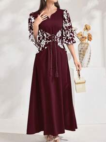 Al Najma 花卉印花V領流蘇腰帶連衣裙