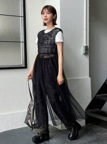 FRIFUL Women Solid Color Mesh Deep V Backless Sundress, Back To School Dress - Black - View 3