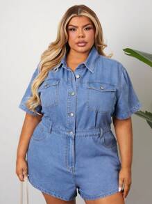 SHEIN CURVE+ Plus Size Denim Short Sleeved Romper, Casual Loose Blue Summer Outfit