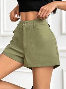 SHEIN Unity Solid Slant Pocket Shorts - Army Green - View 5