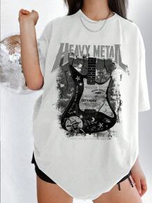 SHEIN EZwear Casual & Simple Guitar Graphic Print Tee, Round Neck Loose Fit Women's T-Shirt HEAVY METAL LONG LIVE HEAVY METAL MUSIC FIRST 1987 LET'S ROCK BREAK THROUGH THE CONSTRAINTS - Multicolor - View 2