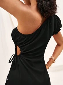 Soleia Vestido evasé romántico de mujer para vacaciones con cuello asimétrico, calado, cordón y pliegues de lino naranja - Negro - Ver 3