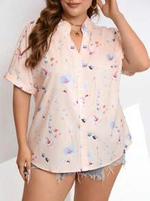 SHEIN LUNE 大尺碼女款花卉印花短袖襯衫，夏季 - 粉色 - 查看 1