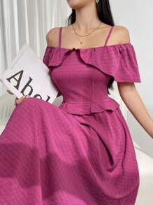Mulvari Women's Solid Color Pleated Lace Trim Spaghetti Strap Off-Shoulder Sleeve Elegant Summer Dress