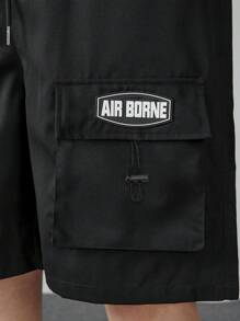 Men's Letter Printed Drawstring Waist Casual Cargo Shorts - Black - View 5