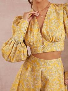 SHEIN Unity Marble Gigot Sleeve Top & Shorts Two Pieces Set