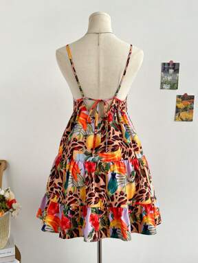 Soleia Tropical Leisure Pastoral Dress For Ladies On Vacation Colorful Leopard Print, Fruit And Flower Full Print Backless Tie Bow Multi-Layer Cake Stitching Loose A-Line Mini Summer Dress Can Be Worn Inside Or Outside