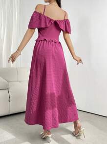 Mulvari Women's Solid Color Pleated Lace Trim Spaghetti Strap Off-Shoulder Sleeve Elegant Summer Dress