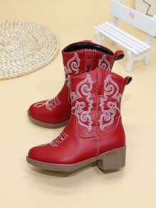 儿童靴子 女童鞋 高筒靴 中筒靴 刺绣高跟鞋 西部牛仔靴 尖头侧拉链 - 紅色 - 查看 5