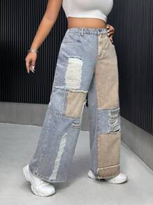 SHEIN ICON Jeans acampanados rasgados de talla grande con bloqueo de color - Multicolor - Ver 3