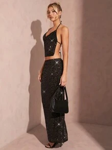 SHEIN BAE Sequin Crop Halter Top