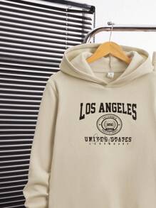 SHEIN 2入組青少年男孩休閒連帽毛絨衫和英文字樣印花運動褲，適用於秋季，冬季，保暖，大學，家居，日常，運動，簡約實用 - 卡其色 - 查看 3