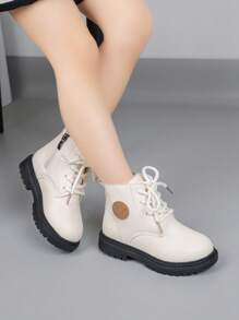 全新时尚加厚鞋底儿童靴子，中童高帮女童拉链平底休闲公主短靴鞋 - 米色 - 查看 4