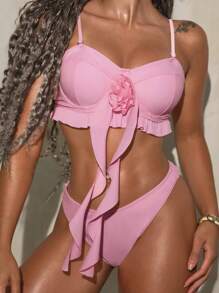 Twin Melody X SHEIN SHEIN Swim Women's 3D Flower Bikini Set With Ruffled Hem For Summer Beach - Pink - View 3