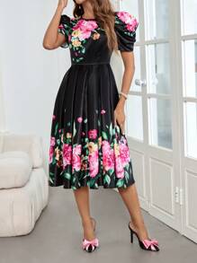 SHEIN Clasi Floral Print Gigot Sleeve Dress - Black - View 4