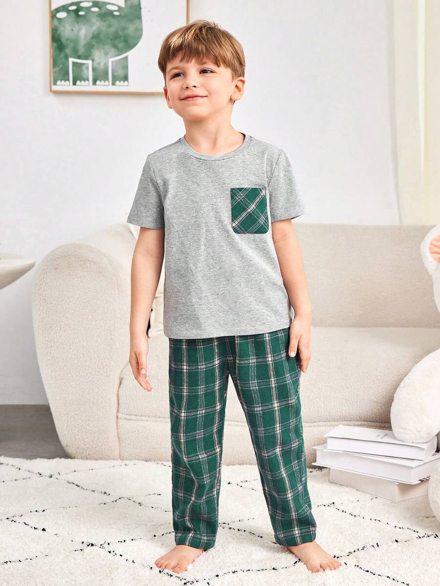 SHEIN Young Boy Simple Casual Decorative Pocket Home Outfit 2pcs/Set - Green - View 1