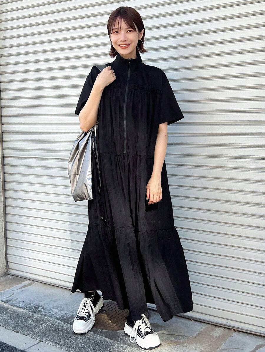 FRIFUL Đầm xòe xếp nếp phía trước khóa kéo chắc chắn - màu đen - Xem 1