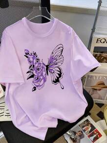 GraphicGems Tween Girl Retro American Style Purple Butterfly Design T-Shirt, mangas curtas, moda verão confortável e desleixada