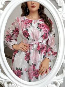 Modelyn 加大码长袖随机花卉印花连衣裙，优雅礼服，适合婚礼宾客/场合/仪式/晚会，长款晚礼服，女士秋季服装 - 粉色 - 查看 3