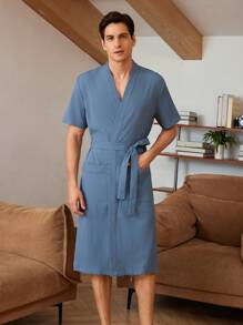 Men Solid Dual Pocket Belted Robe - Blue - View 6