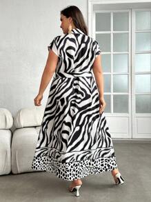 Modelyn Plus Zebra Striped & Leopard Print Belted Shirt Dress
