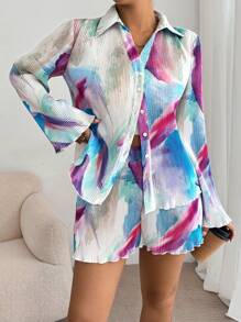 SHEIN Essnce Blouse et shorts avec impression intégrale et garniture en laitue. Style décontracté "Old Money" pour femmes. Hauts pour sortir, tenues d'automne, tenues de sortie - Multicolore - Voir 2