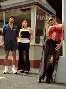 Forever 21 不對稱長裙夏日休閒階梯腰設計高開叉邊角牛仔裙 - 黑色 - 查看 8