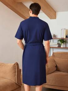 Men Letter Graphic Dual Pocket Belted Robe - Navy Blue - View 2
