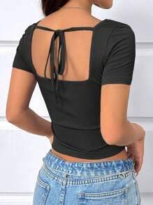 Xyvia Sweetheart Neck Ruched Bust Crop Tee For Summer - Black - View 2