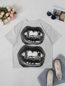 女士休閒龐克圓領短袖唇印時尚哥特街頭風格T恤 - 灰色 - 查看 3