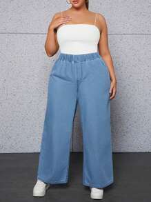 SHEIN CURVE+ Plus Elastic Waist Wide Leg Jeans - Blue - View 1