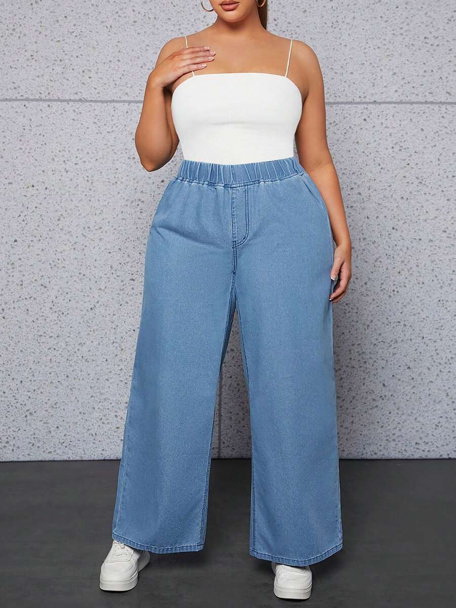 SHEIN CURVE+ Plus Elastic Waist Wide Leg Jeans - Blue - View 1