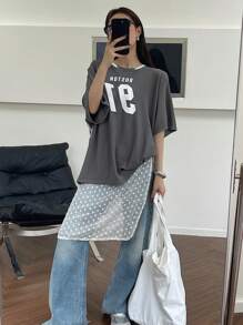 FRIFUL Letter Graphic Contrast Trim Drop Shoulder Tee Oversized T-Shirt - Black - View 7