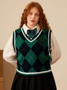 HARRY POTTER X SHEIN 大码绿色格子休闲毛衣背心，校园风格，秋季 - 綠色 - 查看 2