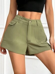 SHEIN Unity Solid Slant Pocket Shorts - Army Green - View 3