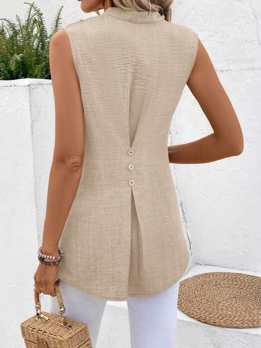 EMERY ROSE Solid Notched V-Neck Sleeveless Button Back Shirt - Khaki - View 1