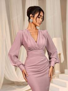 Faeriesty Elegant Cross-Over V-Neck Lantern Sleeve Mermaid Hem Dress - Sophisticated Timeless Design For Spring/Summer Weddings, Galas, Red Carpet Bridesmaid Dress