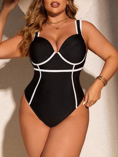 SHEIN Swim Curve 大碼假日沙灘色塊拼接單件泳衣，邊緣卷邊設計